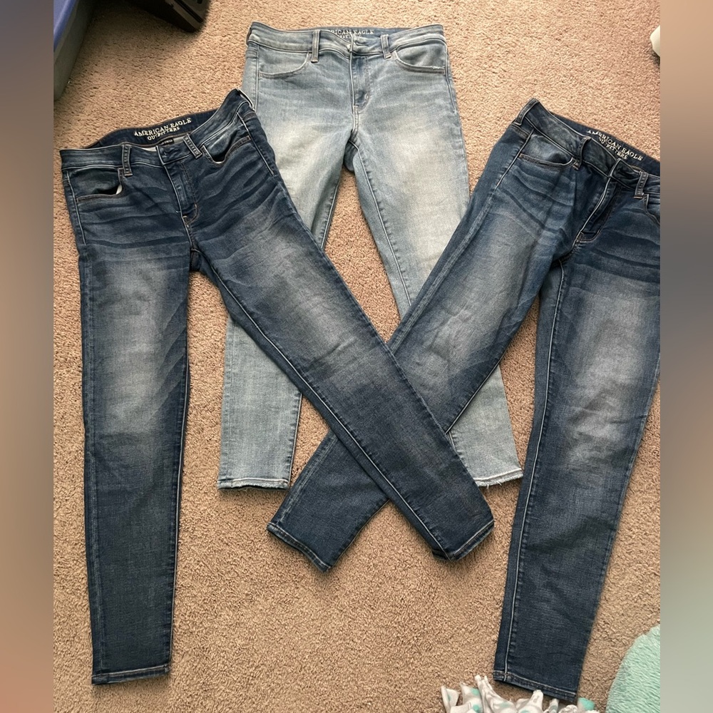 American Eagle Outfitters 3 pair Blue Denim Super Stretch Jeggings 10